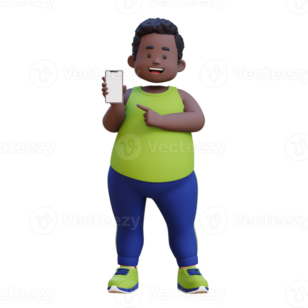 3D plus size overweight obesse african man pointing to smartphone png