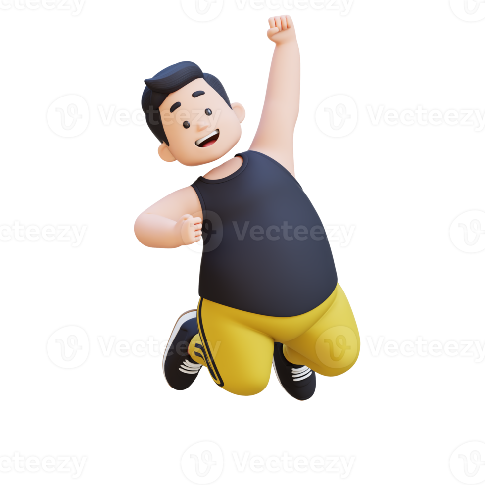 3D plus size overweight obesse man in sportswear jumping with excitement png