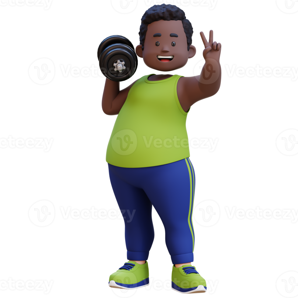 3D Plus Size Overweight obesse african man with Dumbbells giving peace sign png