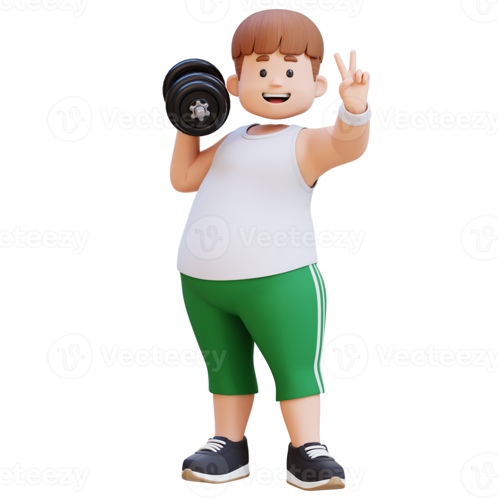 3D Plus Size Overweight Man character with Dumbbells giving peace sign png