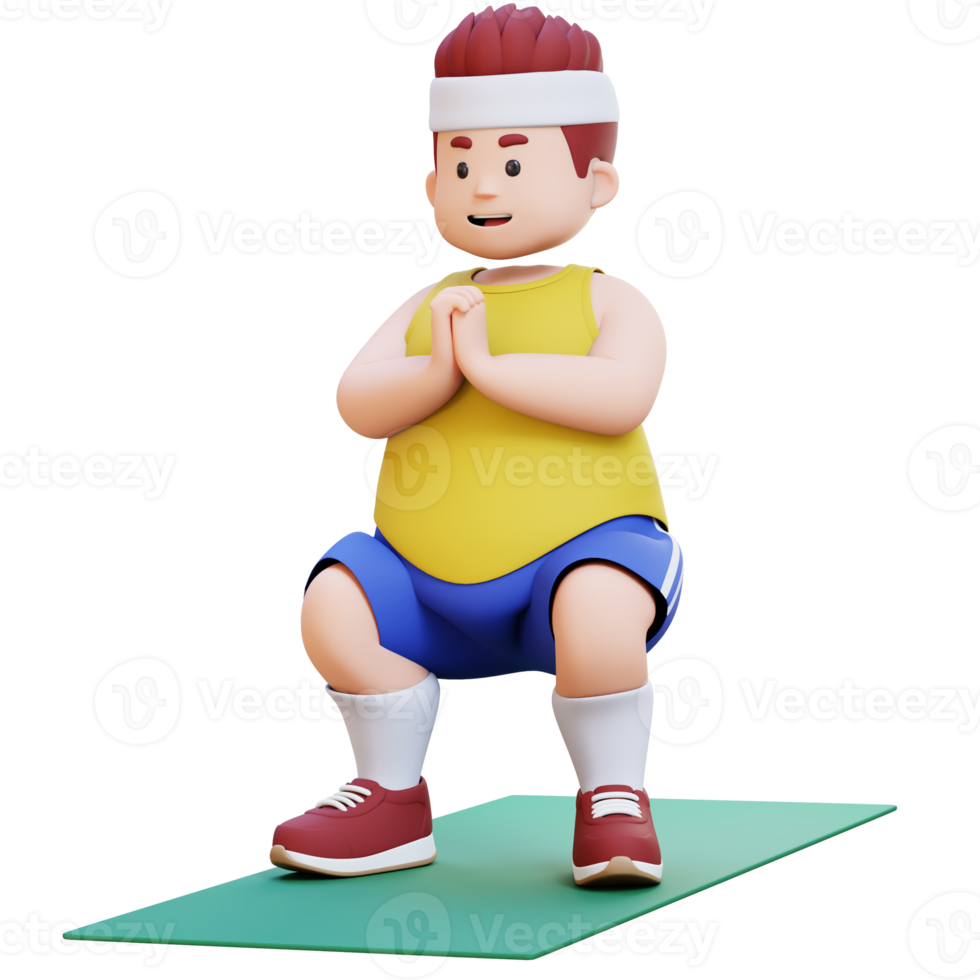 3D Plus Size Overweight big man Doing Squats on a Yoga Mat png