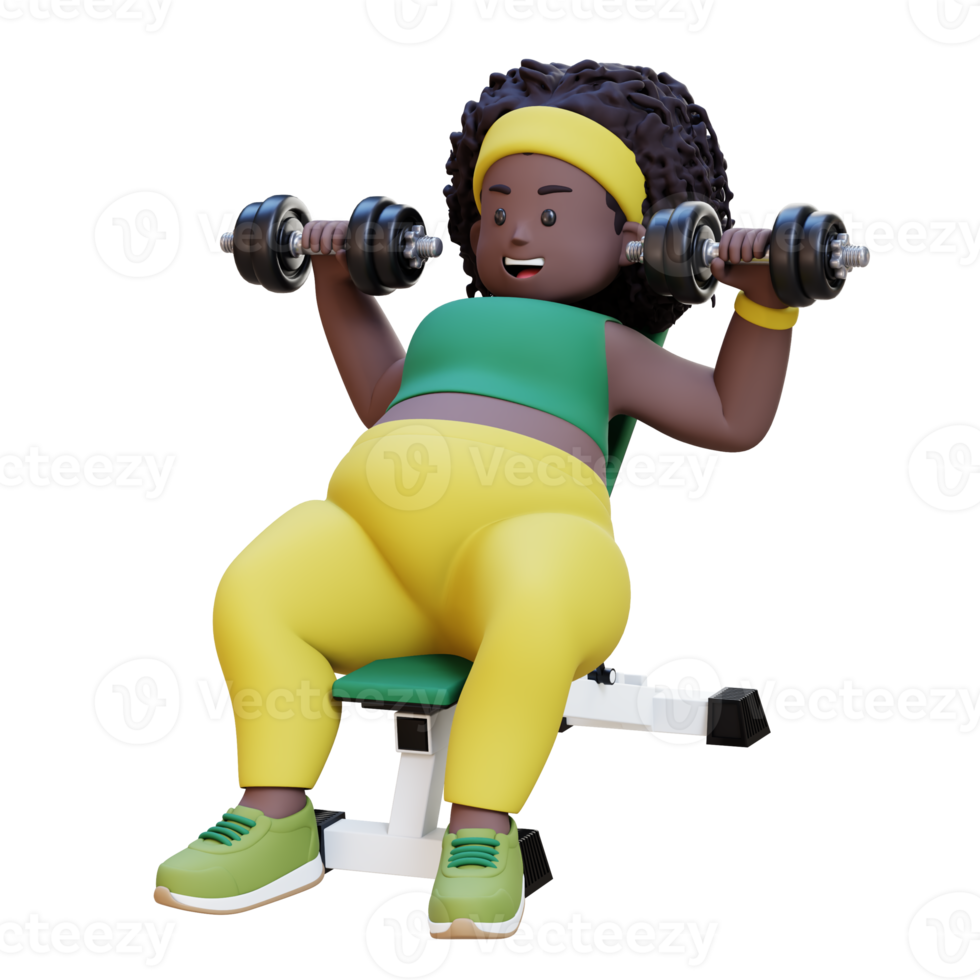 3D Plus Size Overweight african woman Incline Bench Dumbbell Chest Press Exercise png