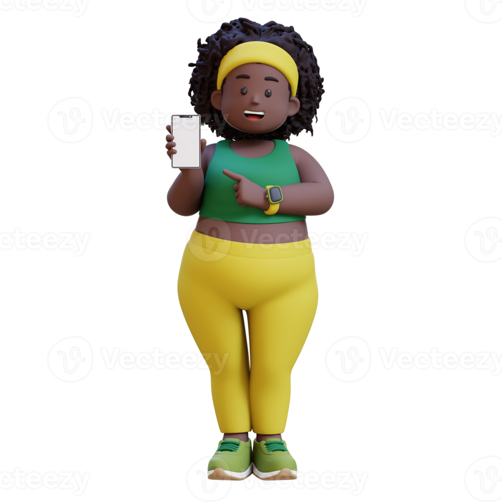 3D plus size overweight african woman pointing to smartphone png