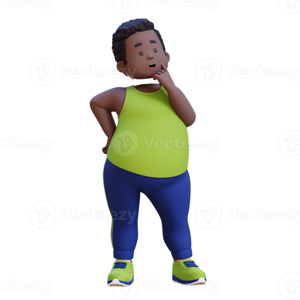3D plus size overweight obesse african man thoughtfully considering something. png