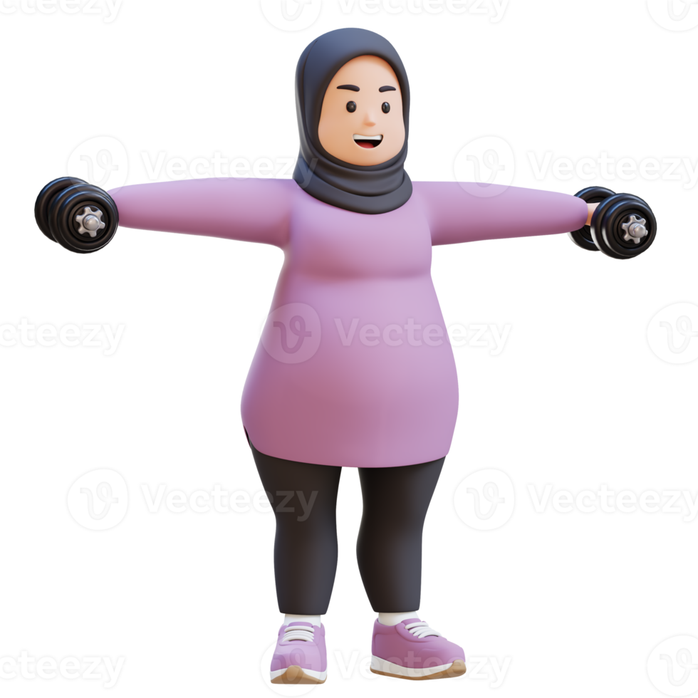 3D Plus Size Overweight muslim woman in Dumbbell Lateral Raise png