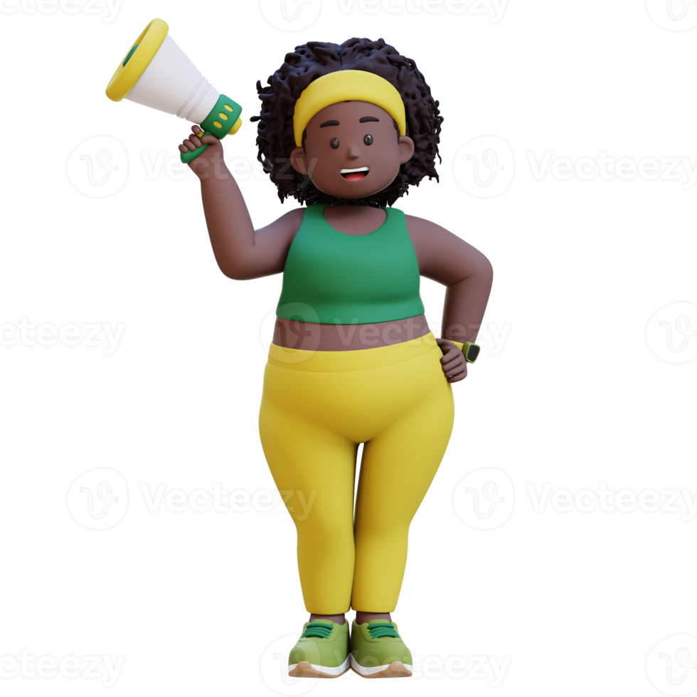 3D Cartoon of a Happy Chubby african woman Announcing with Megaphone png