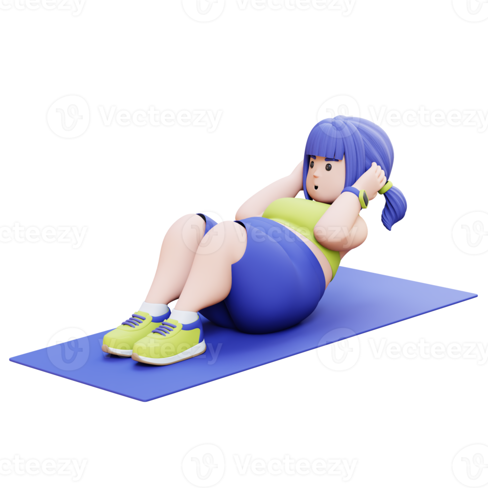 3D render Plus Size Overweight woman Doing Sit Ups on a Mat png