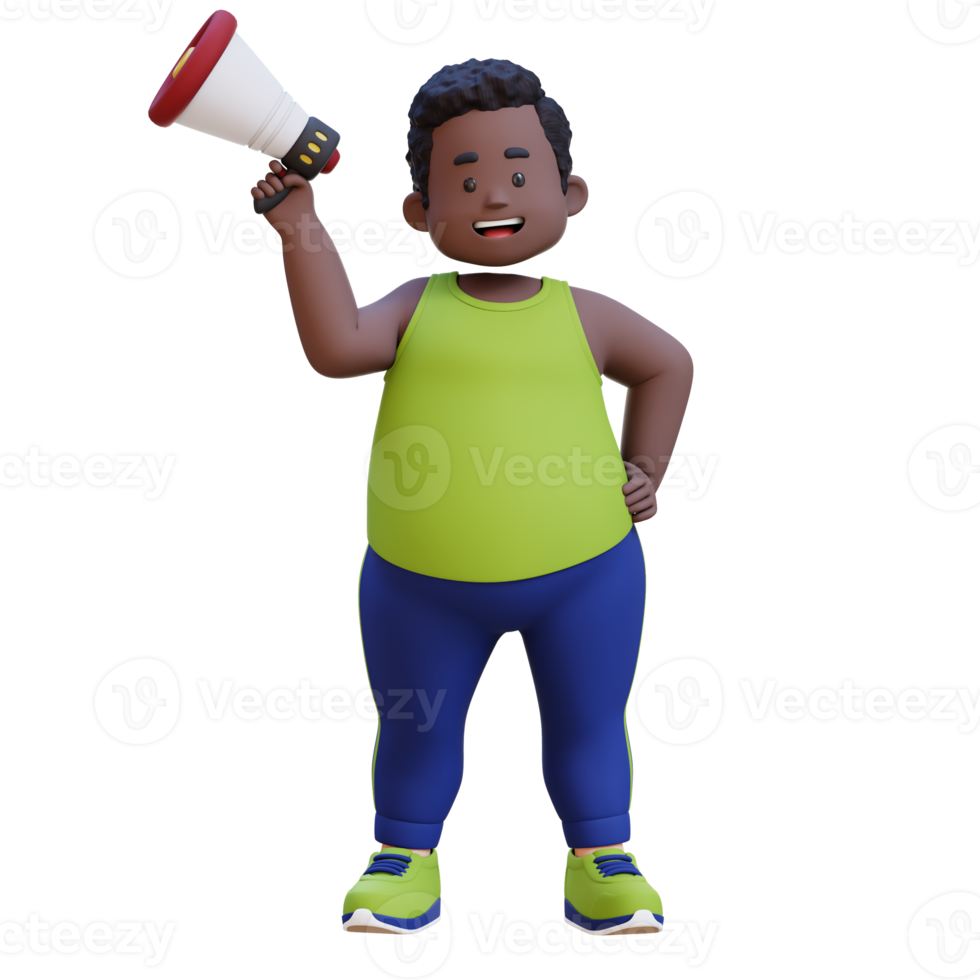 3D Cartoon of a Happy Chubby obesse african man Announcing with Megaphone png