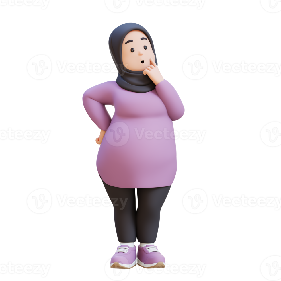 3D plus size overweight muslim woman thoughtfully considering something. png
