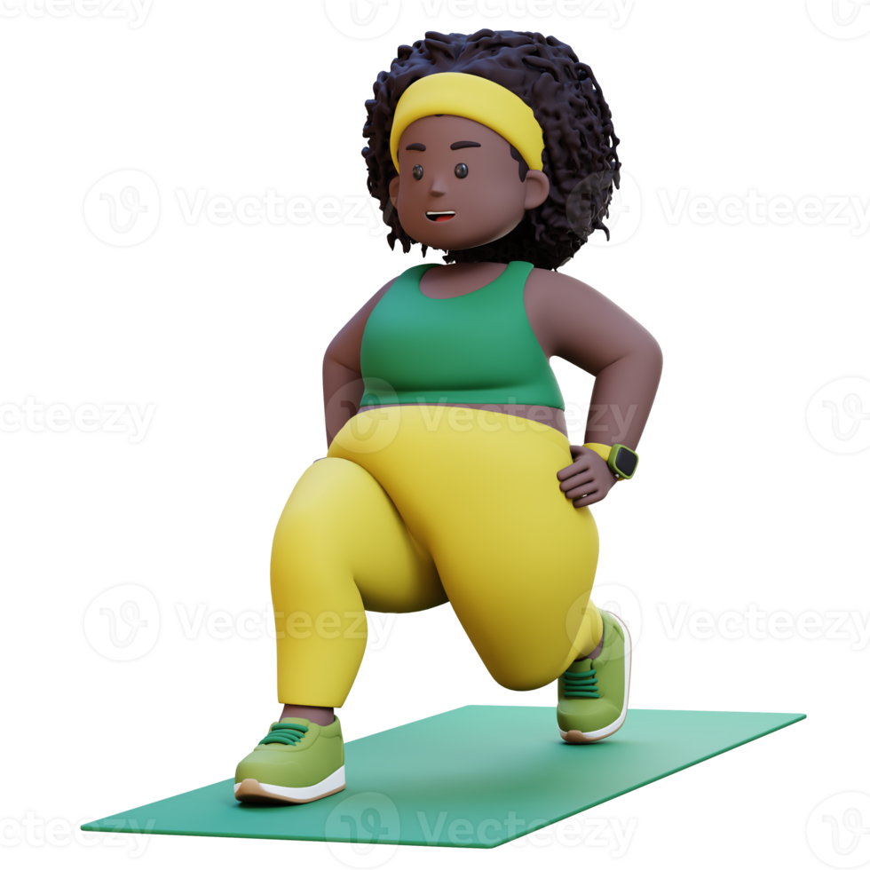 3D Plus Size Overweight african woman Dynamic Lunges Exercise on Yoga Mat png