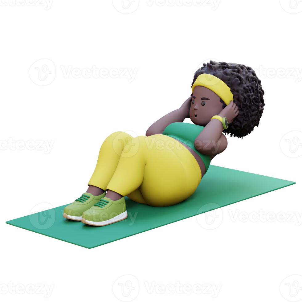3D Plus Size Overweight african woman Doing Sit Ups on a Mat png