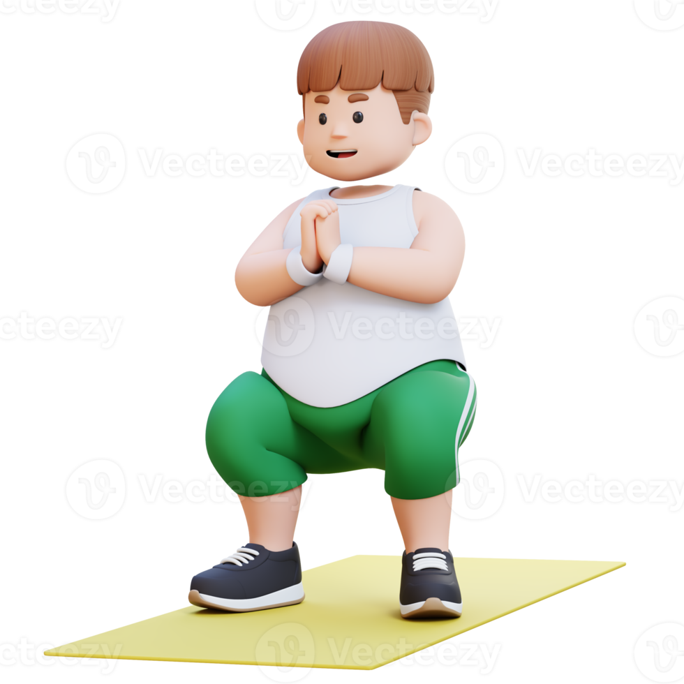 3D Plus Size Overweight Man character Doing Squats on a Yoga Mat png