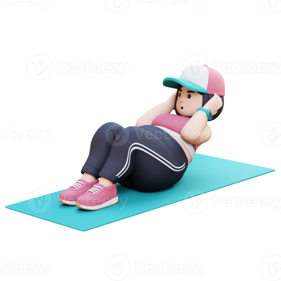 3D Plus Size Overweight girl Doing Sit Ups on a Mat png