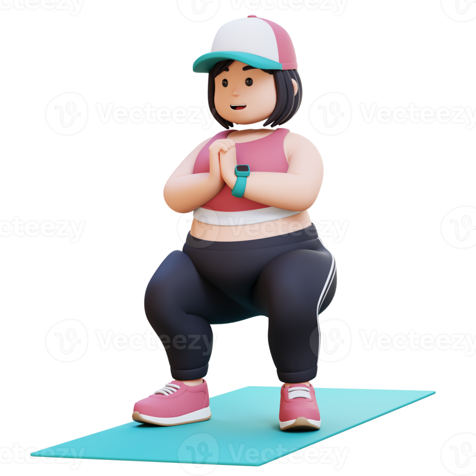 3D Plus Size Overweight girl Doing Squats on a Yoga Mat png
