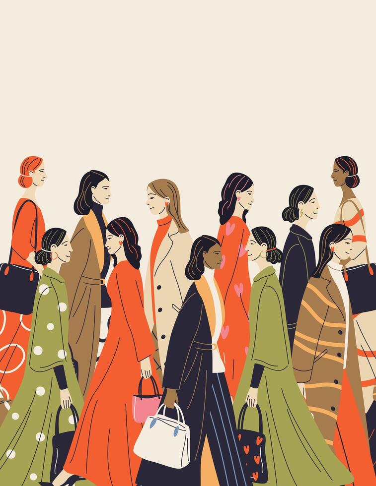 Hand drawn vertical illustration of walking women in modern outfits for work, meeting, party. Diverse women on background for Women's Day, fashion backgrounds, social media posts. vector