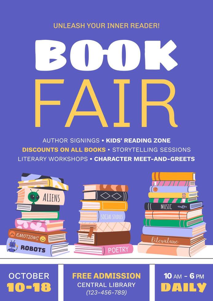 Book fair or festival vertical poster for advertising and promotion. Piles of various books on bookshelf. Hand drawn banner design for educational events, World Book Day, Back to School concepts. vector