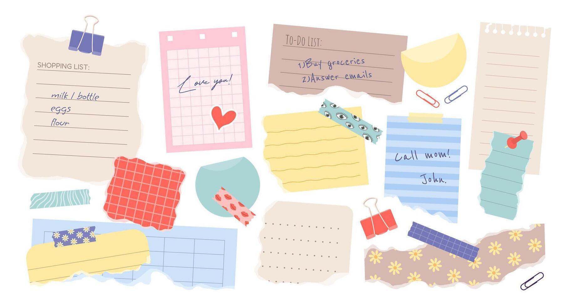 Set of torn paper notes, stickers, to do lists, duct tapes, and paper clips. Isolated flat sticky elements, planners, and reminders for mood boards, scrapbooking, and collages. vector