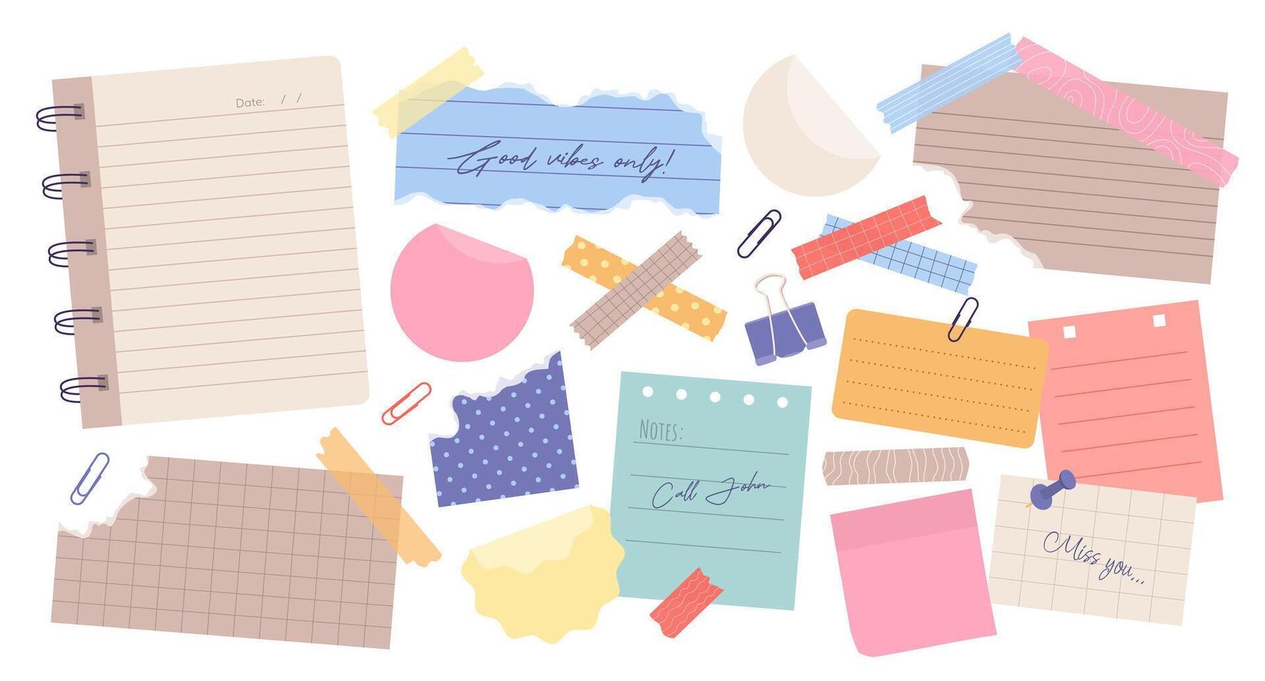 Set of torn paper notes, stickers, to do list, duct washi tapes, paper clips. Isolated sticky craft elements and reminders for scrapbooking, collages or mood boards. Illustrations on white. vector