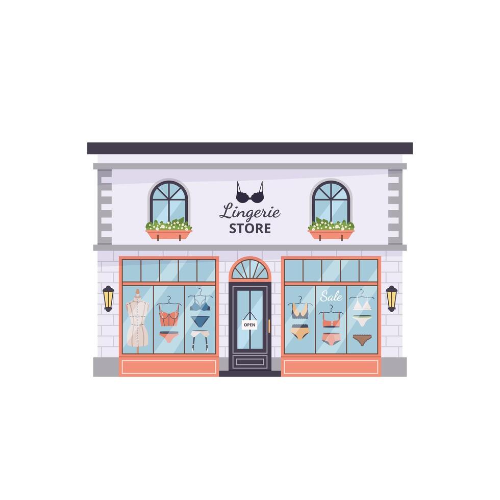 Chic lingerie store building. Elegant facade with display windows showcasing bras, panties and mannequin. Isolated flat illustration on white for apps, web design, fashion retail and boutique themes. vector