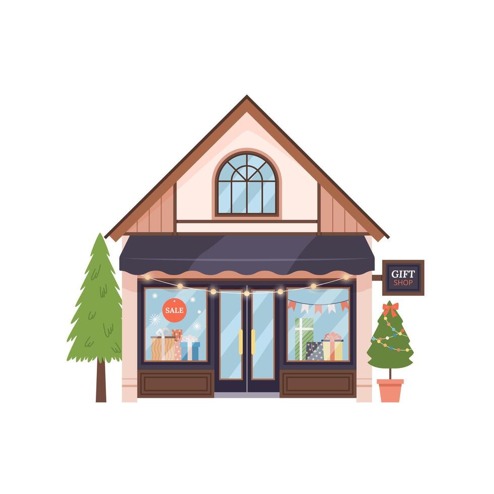 Charming gift shop building with gifts in display windows, Christmas lights, and festive trees. Flat illustration isolated on white, ideal for seasonal retail and celebration themes. vector