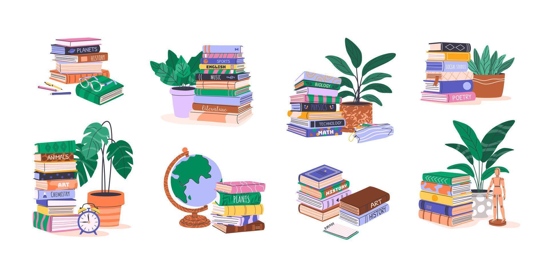 Colorful books and plants illustration vector
