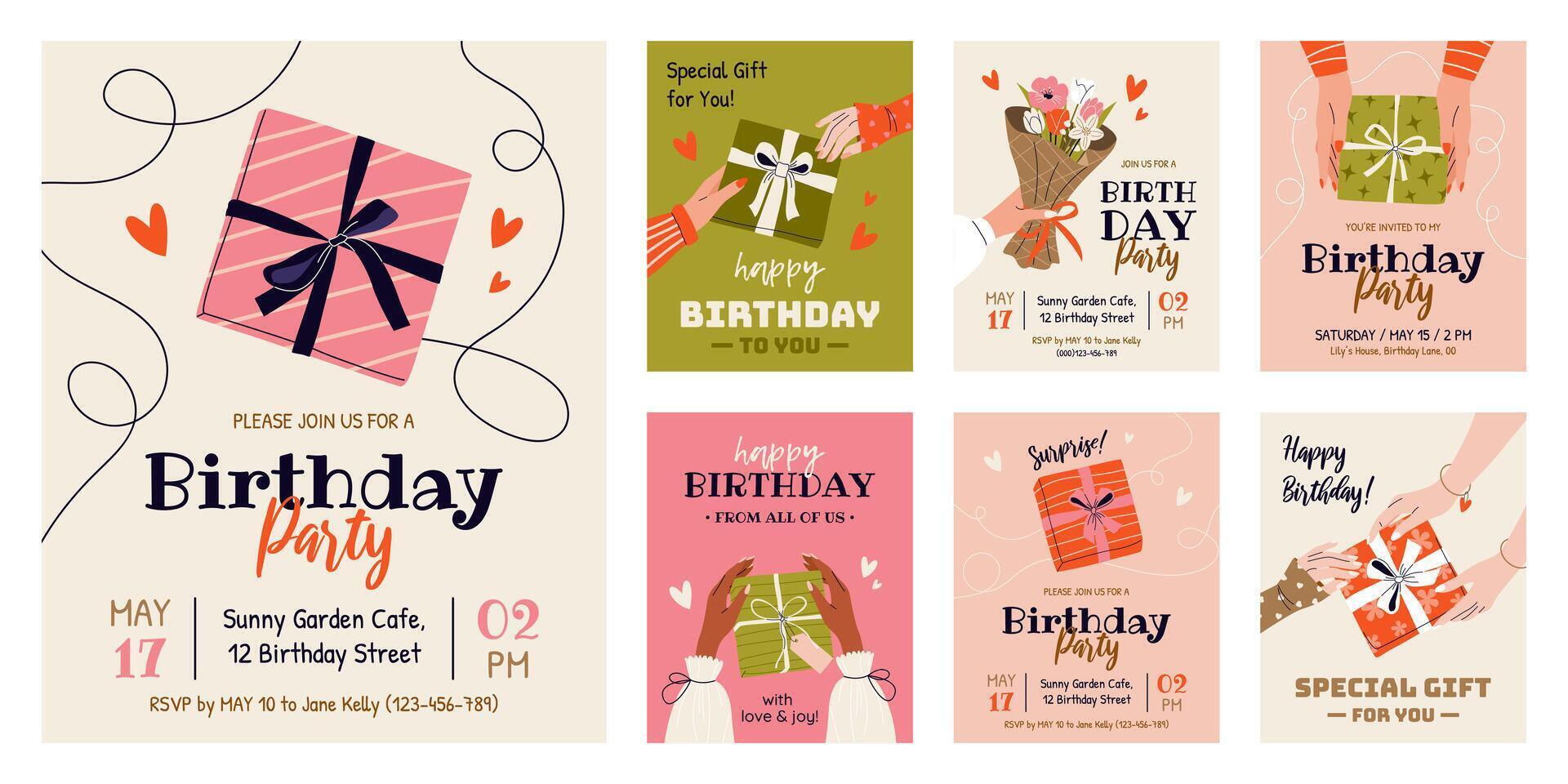 Colorful birthday party invitation with gifts vector