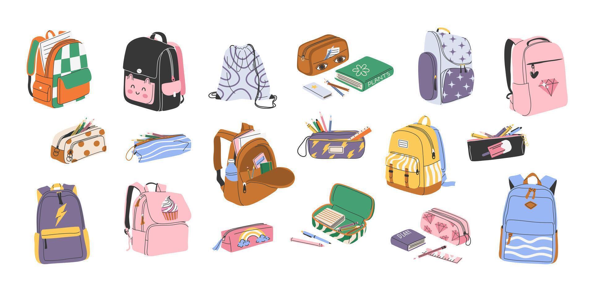 Trendy backpacks and school supplies vector