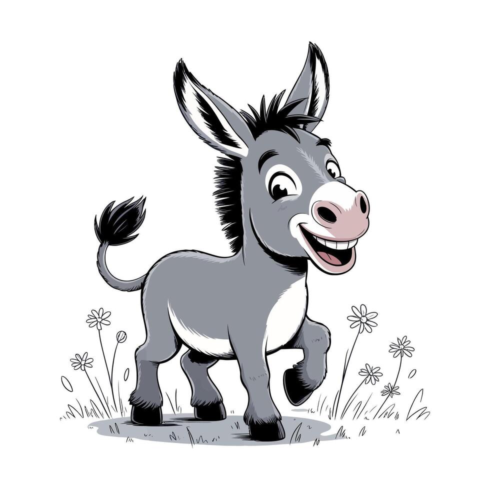 Cute Cartoon Donkey in a Field with Flowers Smiling donkey large ears and happy expression surrounded simple flowers and grass donkey cartoon animal vector