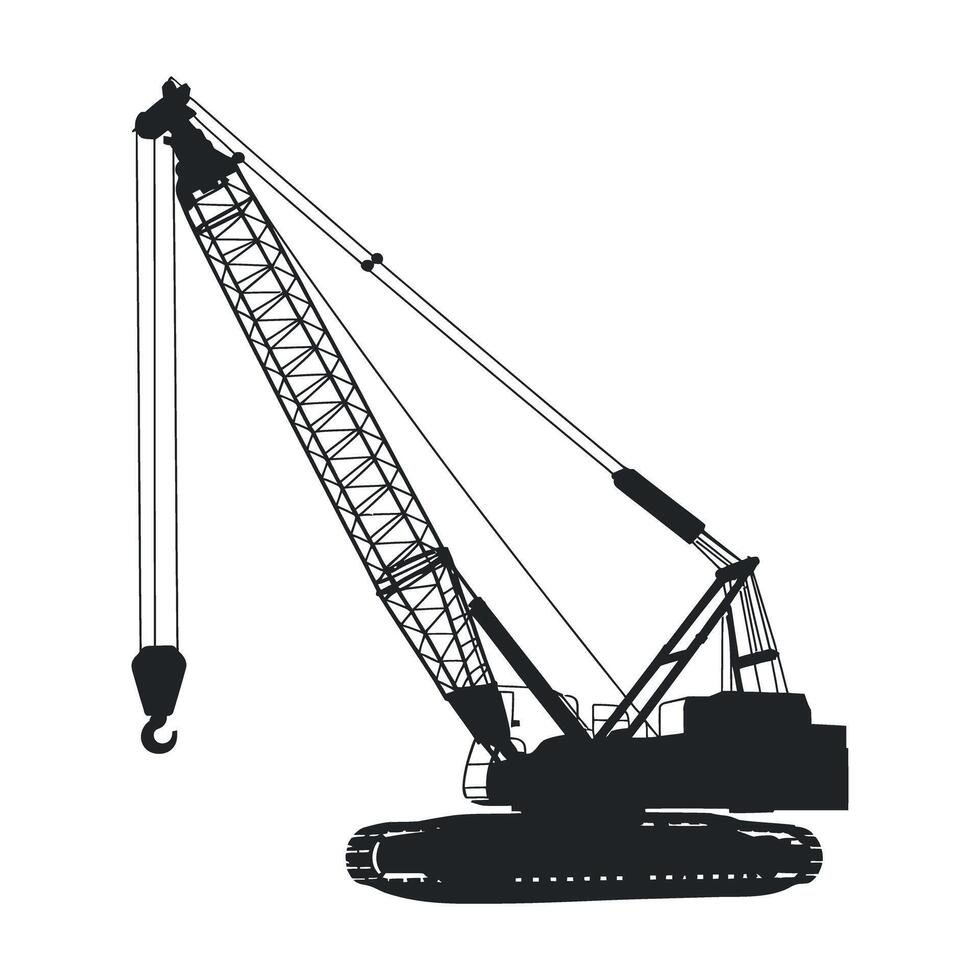 Silhouette of a Large Construction Crane with Track Chassis Black and white silhouette large construction crane crane construction silhouette heavy equipment machinery lifting vector