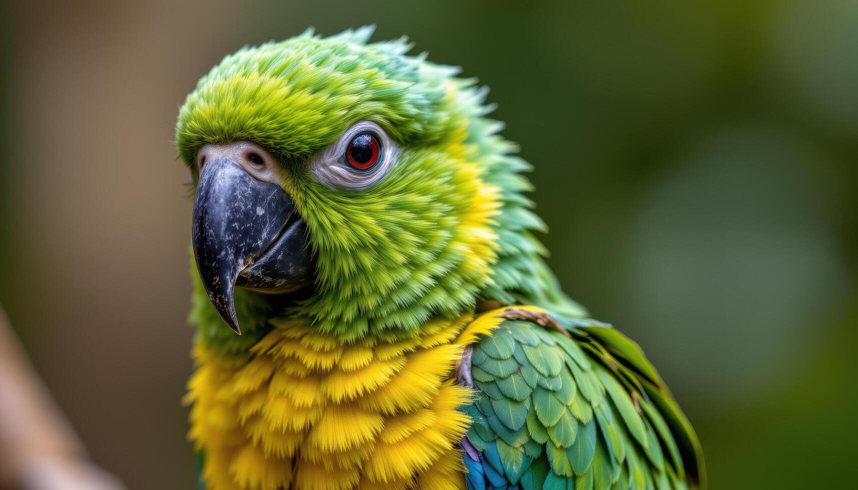 close up view of a tropical parrot perched calmly, showing the intricate layering and texture of its feathers with sharp detail. photo