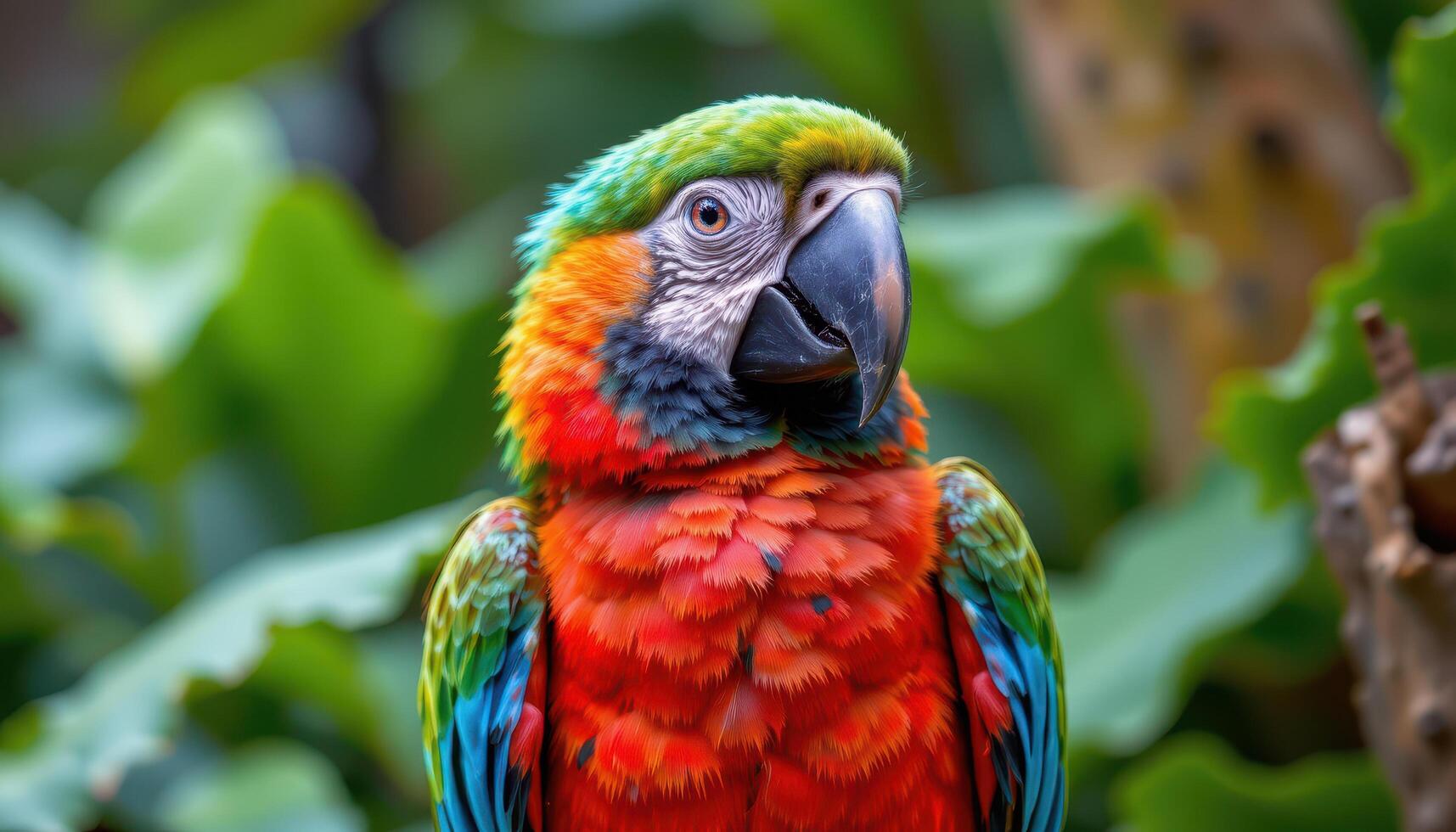 close up view of a colorful parrot sitting calmly with the fine details of its feathers and beak clearly visible in a lush tropical setting. photo