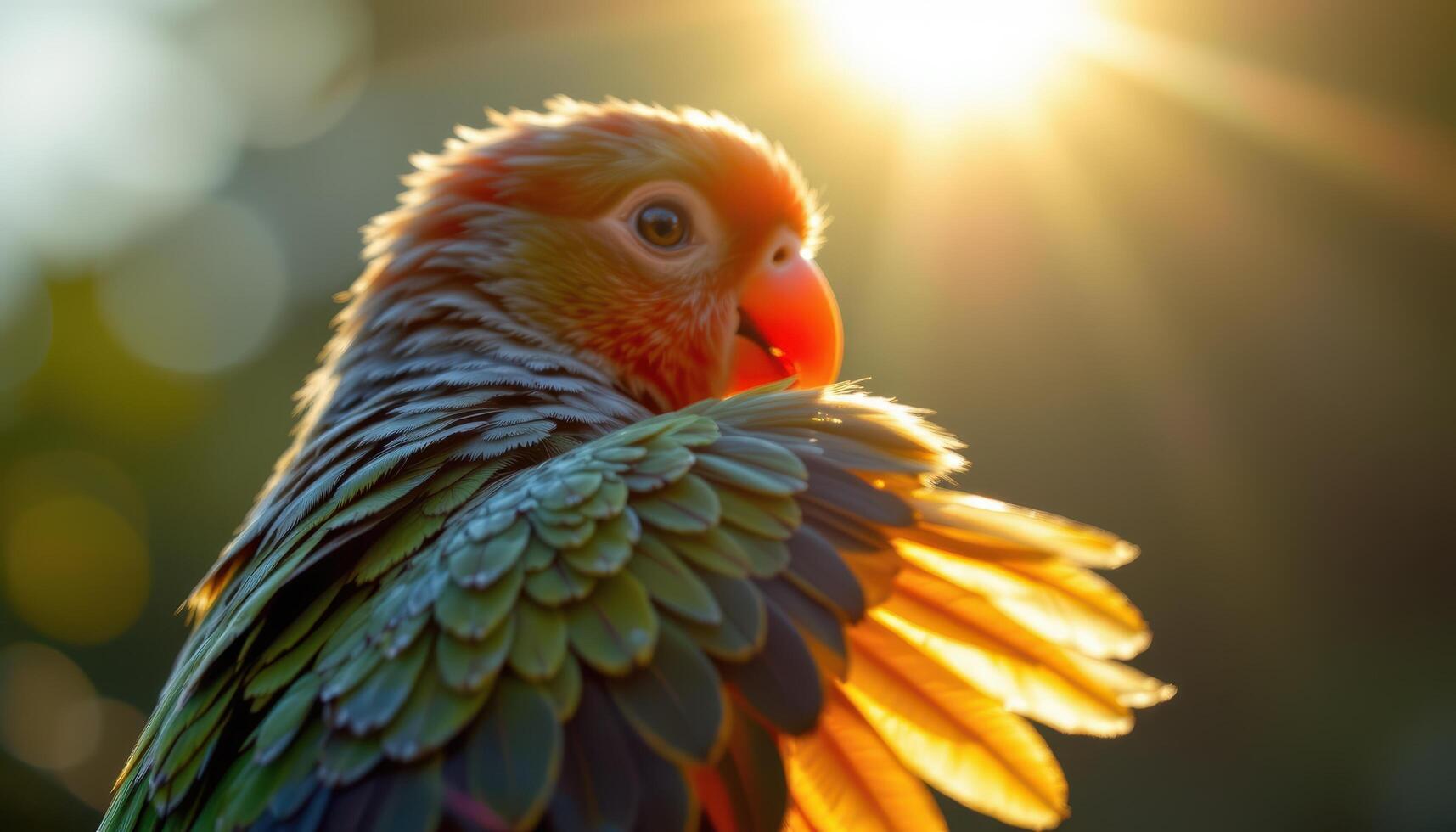 close up view of a parrot caught in gentle backlight, showing translucency in wing feathers and a soft halo. photo