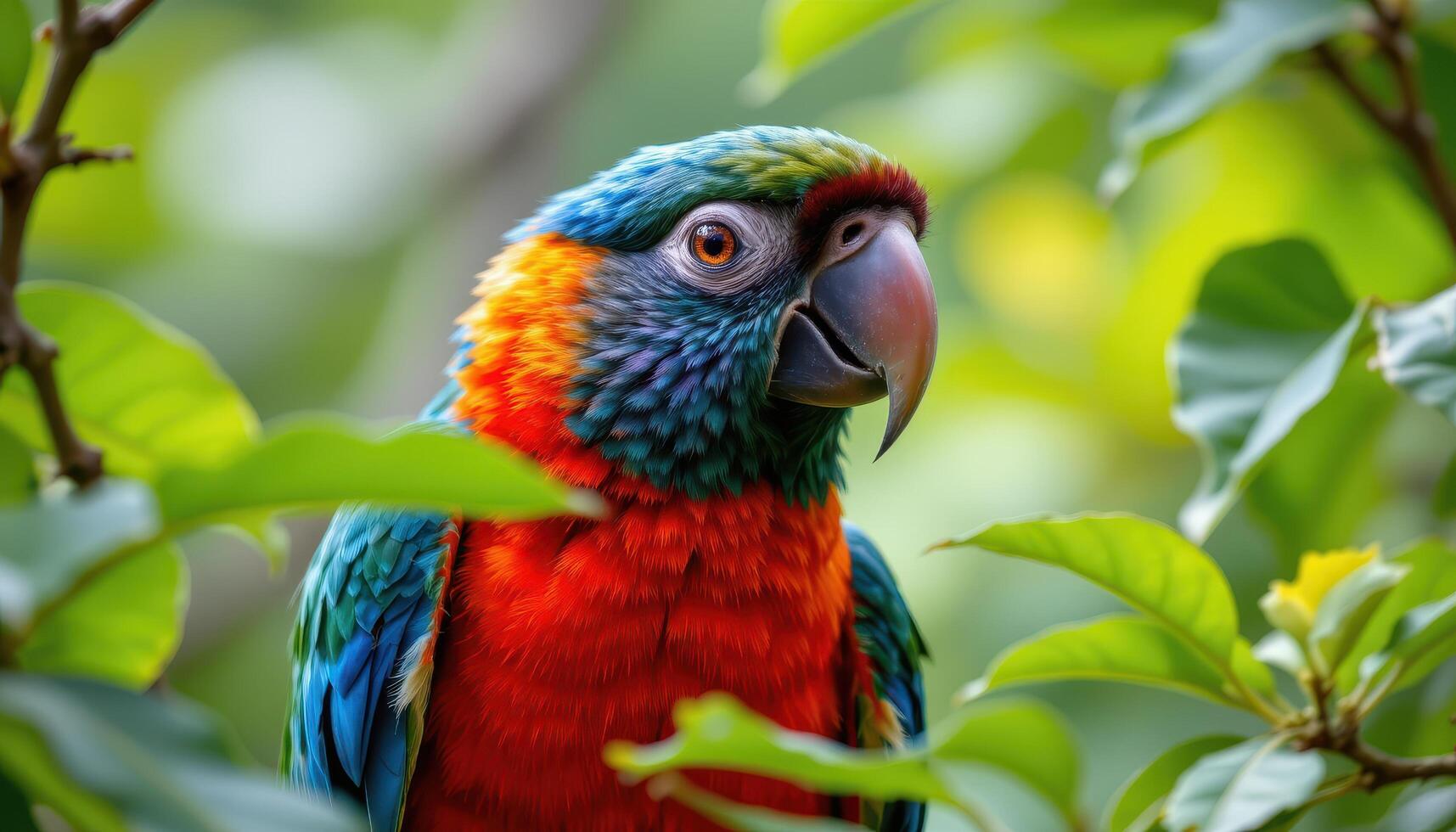 close up view of a tropical parrot perched in dense foliage, the image highlighting the rich colors and texture of its feathers with sharp focus. photo