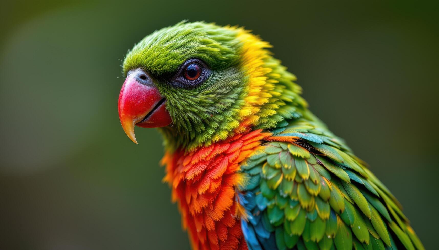 close up view of a tropical bird with vibrant feathers, focusing on the smooth texture and vivid coloration of its plumage while perched alone. photo