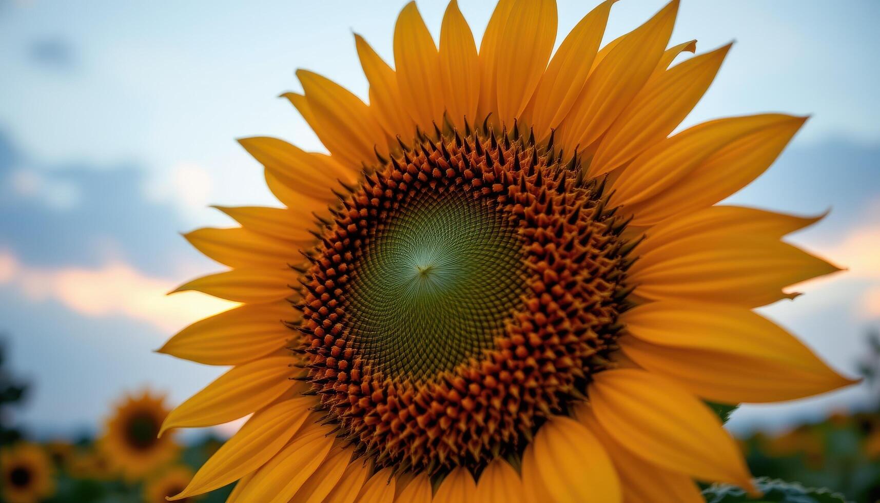 close up view of a golden sunflower head with spiraling seed patterns glowing under a calm sky. photo