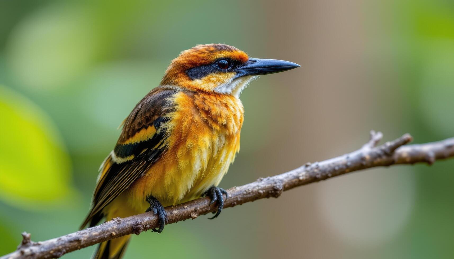 close up view of a tropical bird sitting quietly on a slender branch, every feather vividly detailed and soft lit. photo
