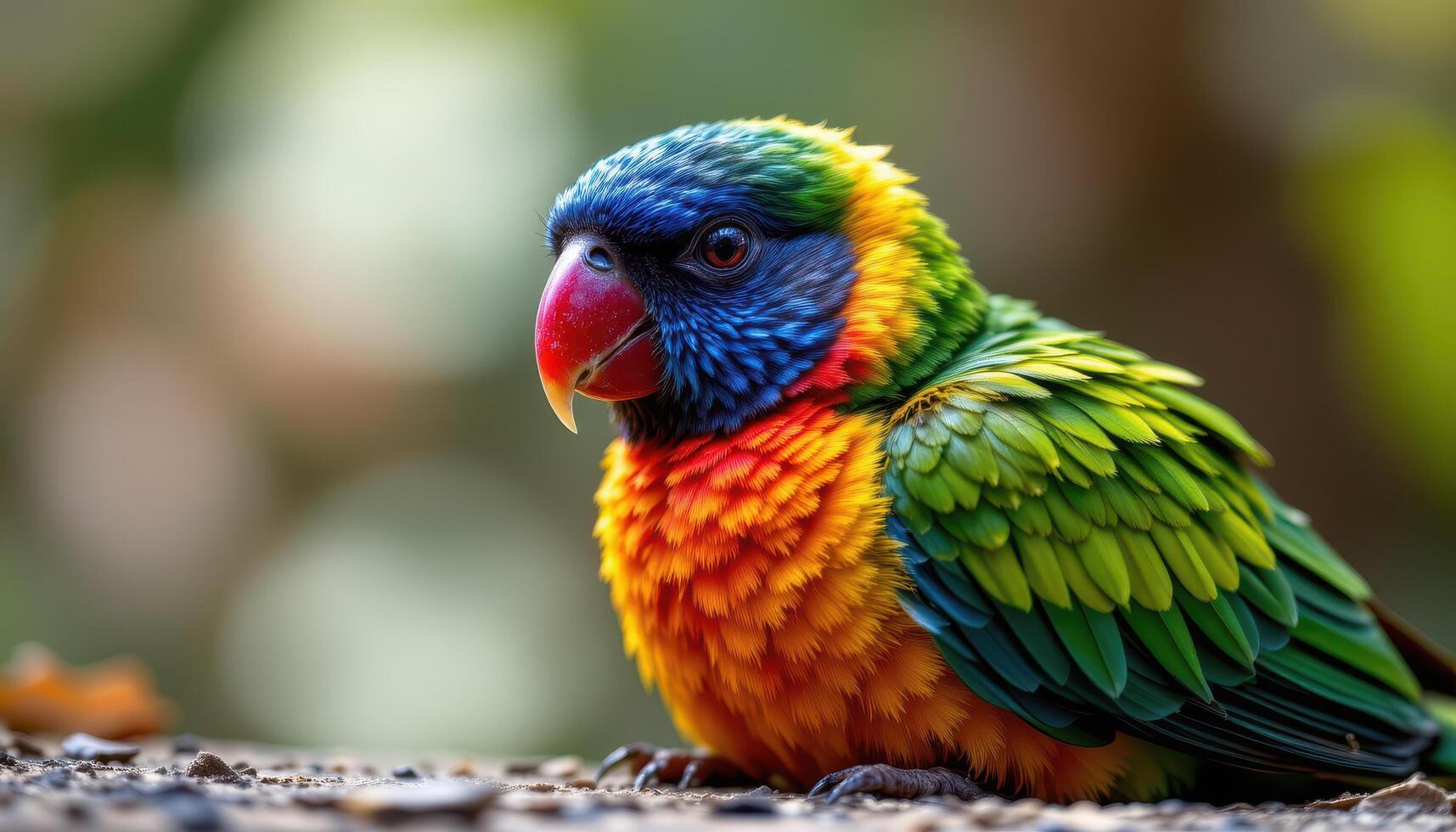 close up view of a tropical bird resting quietly, the brilliant feather colors and detailed patterns captured in warm natural light. photo