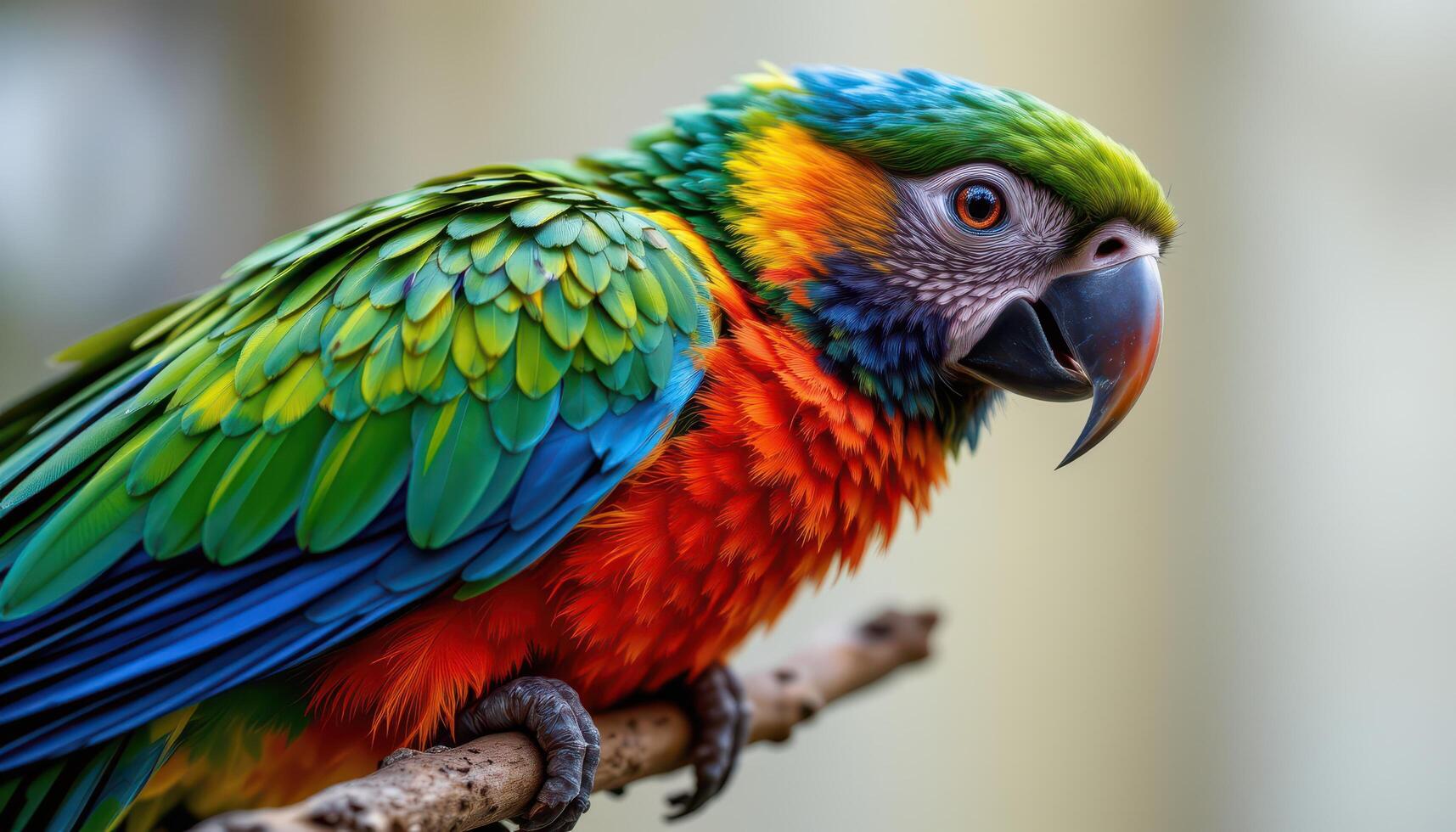 close up view of a colorful parrot with iridescent feathers resting on a slender branch, the image focusing on feather layering and shine. photo