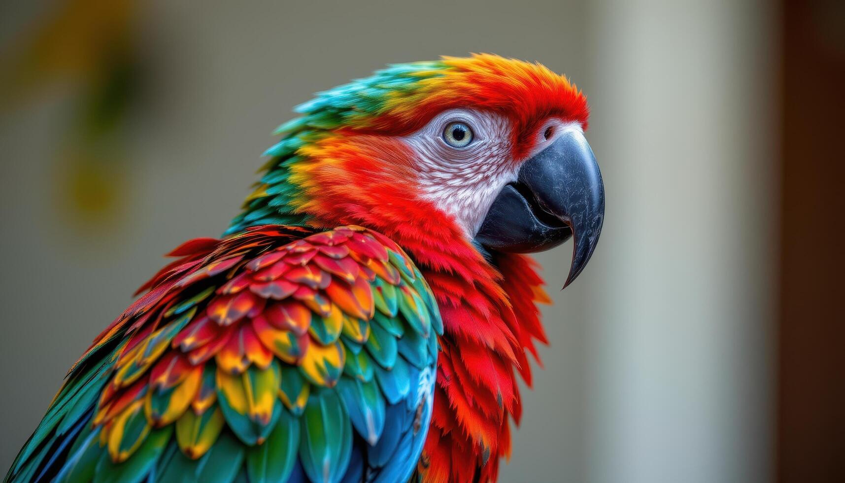 close up view of a colorful parrot perched calmly, each feather's structural detail and vibrant hue emphasized. photo