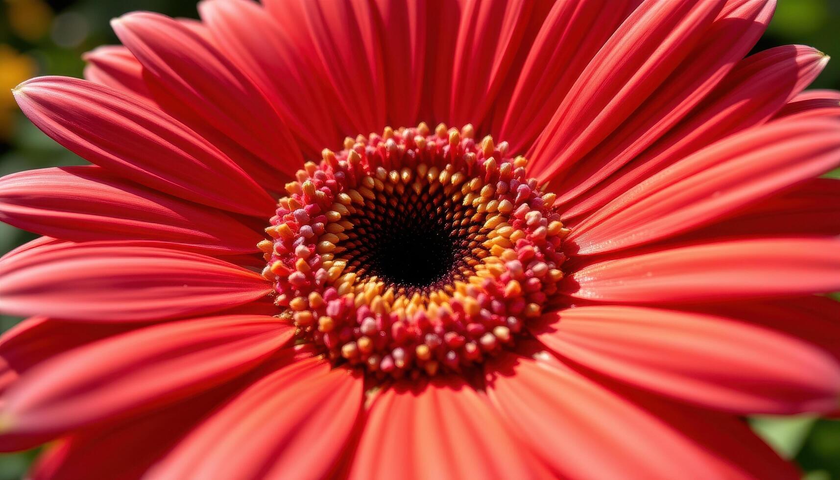 close up view of a bright red gerbera daisy with crisp petals and sunlit highlights. photo