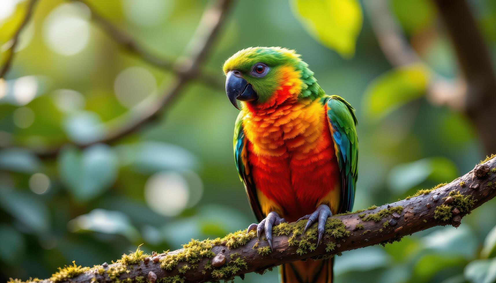 close up view of a vibrant parrot perched on a moss covered limb, every feather glowing softly with brilliant colors in a lush forest setting. photo