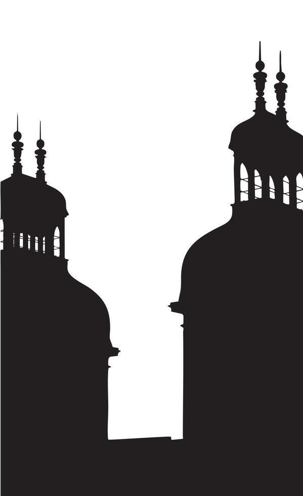 Silhouette of Two Mosque Minarets Against White Sky vector