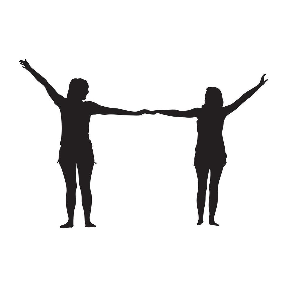 Two Women Standing with Arms Outstretched Holding Hands Silhouette vector