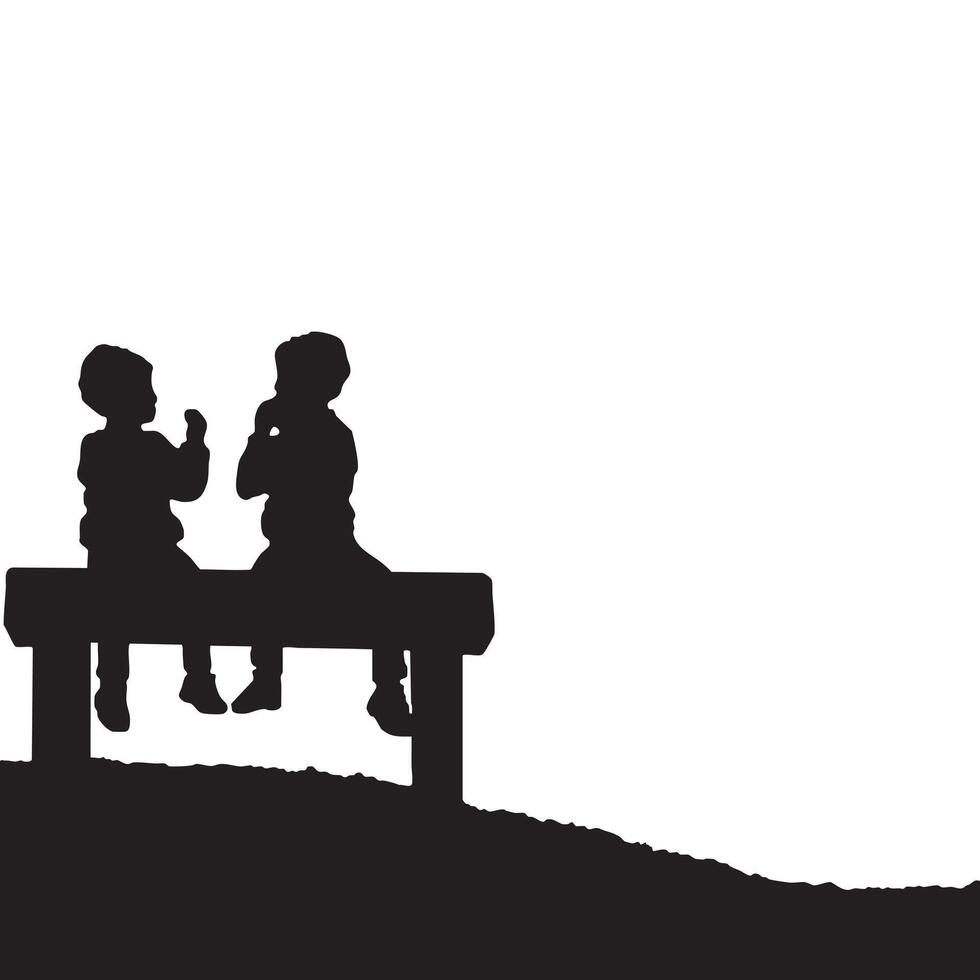 Two Young Children Sitting on Bench Silhouette Against White Background vector