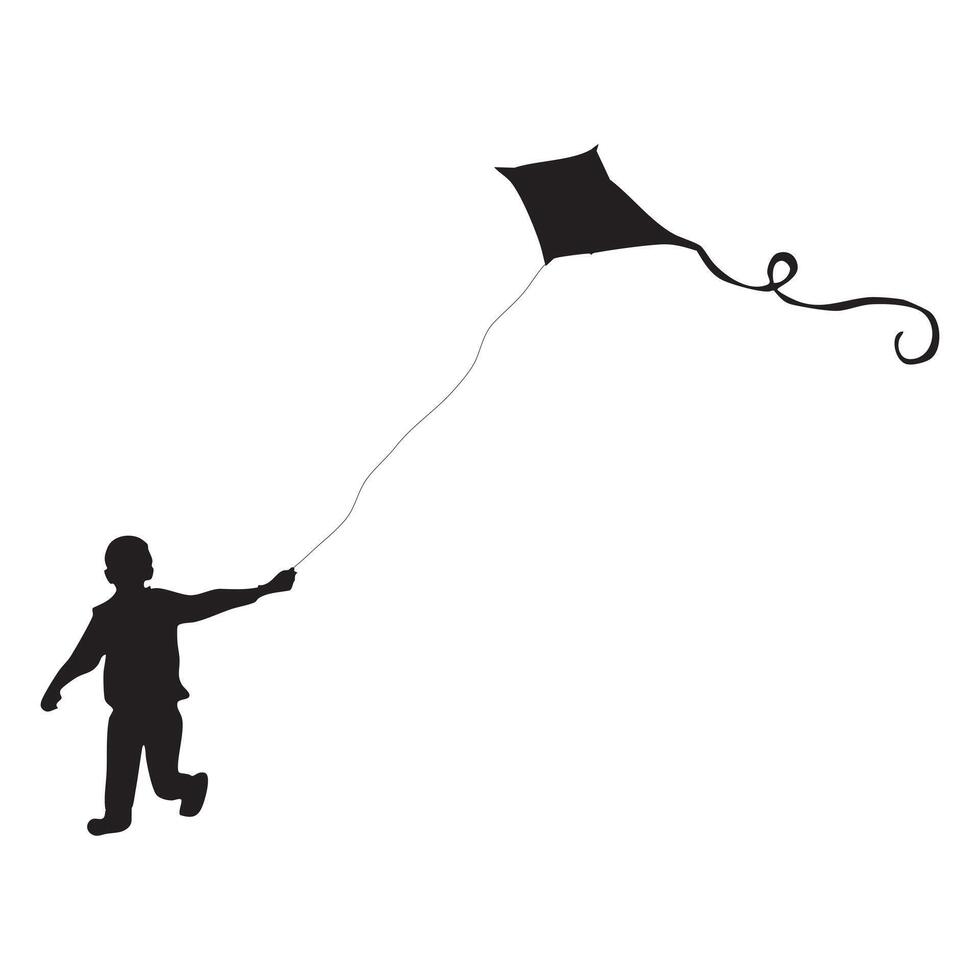 Silhouette of Child Running with Kite on White Background vector