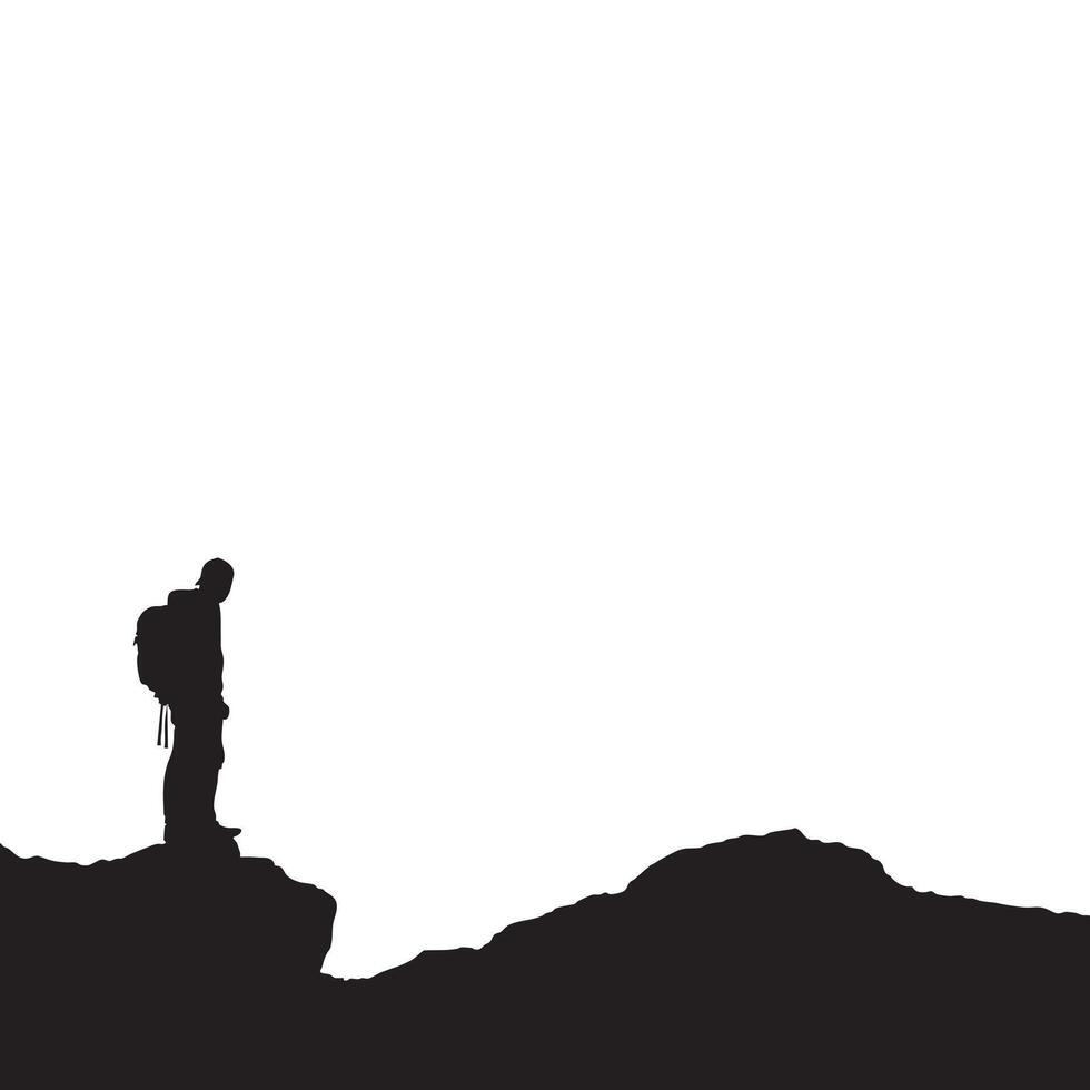 Silhouette of Backpacker Standing on Rocky Cliff Edge Isolated on White Background vector