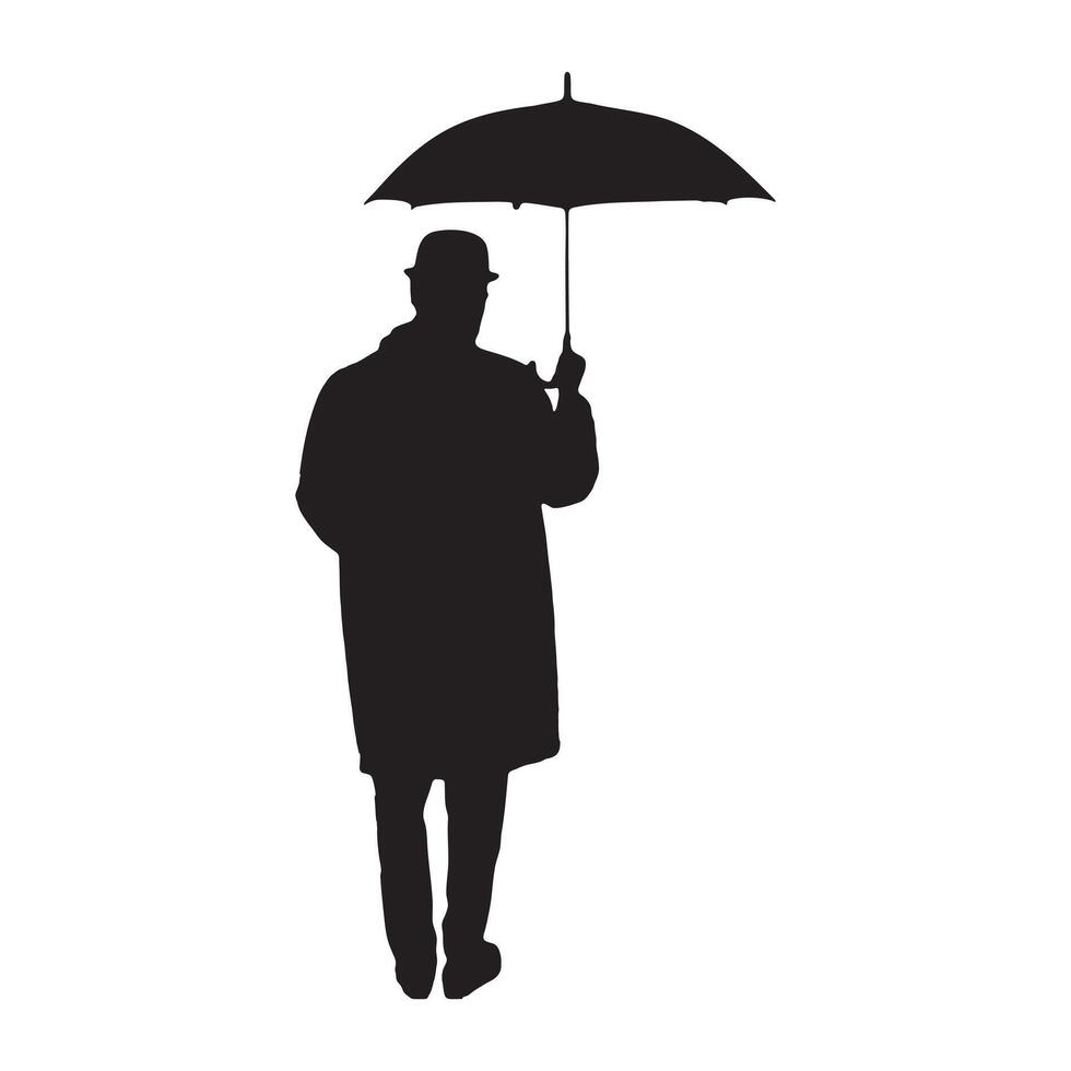 Silhouette of Man Holding Umbrella in Coat and Hat on White Background vector