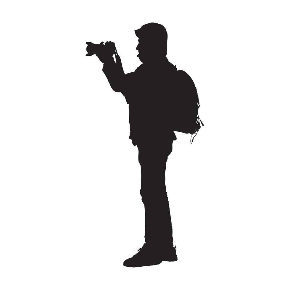 Silhouette of Standing Photographer with Backpack Holding Camera vector