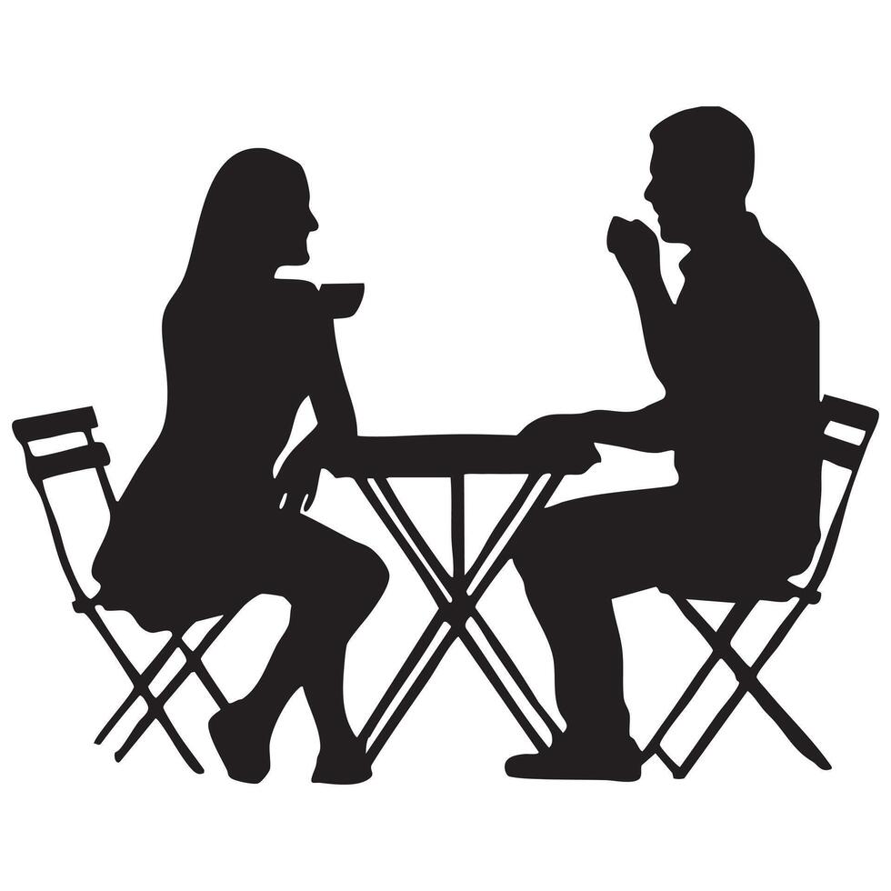 Silhouette of Man and Woman Drinking Coffee at Table Together vector