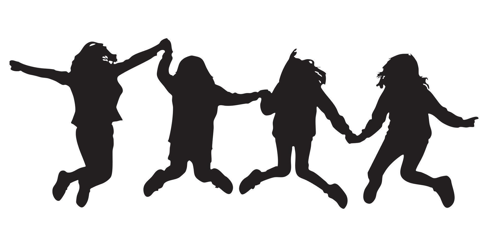 Four Girls Jump and Hold Hands Silhouette Illustration vector